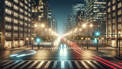 Nighttime scene highlighting 'night vision' challenges at a busy intersection, enhanced through LASIK, with moderate streetlights and moving vehicle trails.