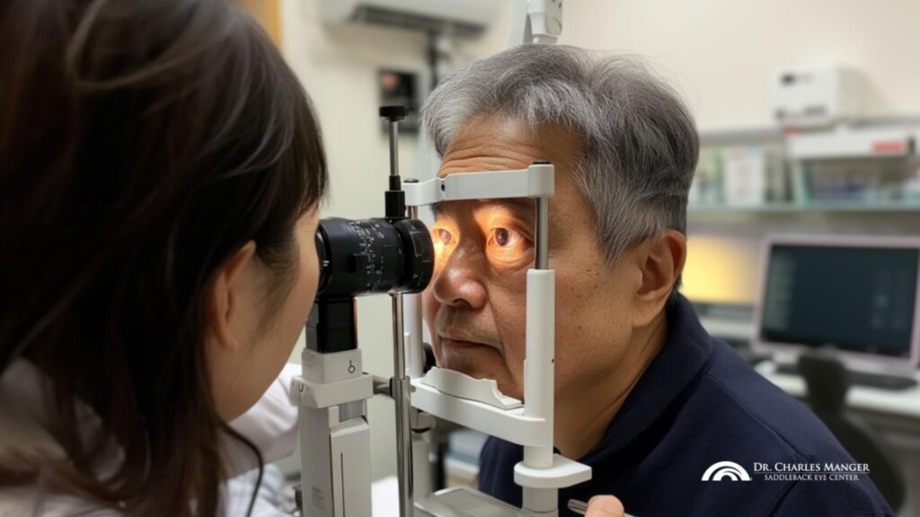 an elderly man getting an eye exam to determine his qualification for LASIK eye surgery