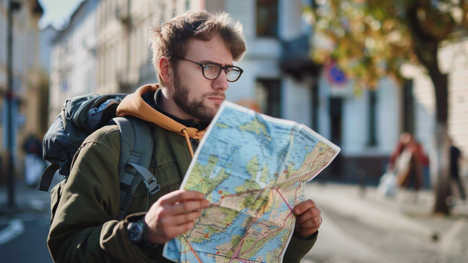 a man wearing glasses reading a map and trying to navigate a city he is traveling around.
