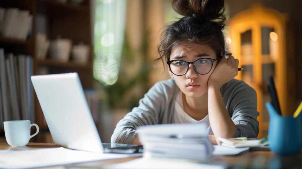 a girl wearing glasses looking perplexed as they plan their budget for financing LASIK surgery