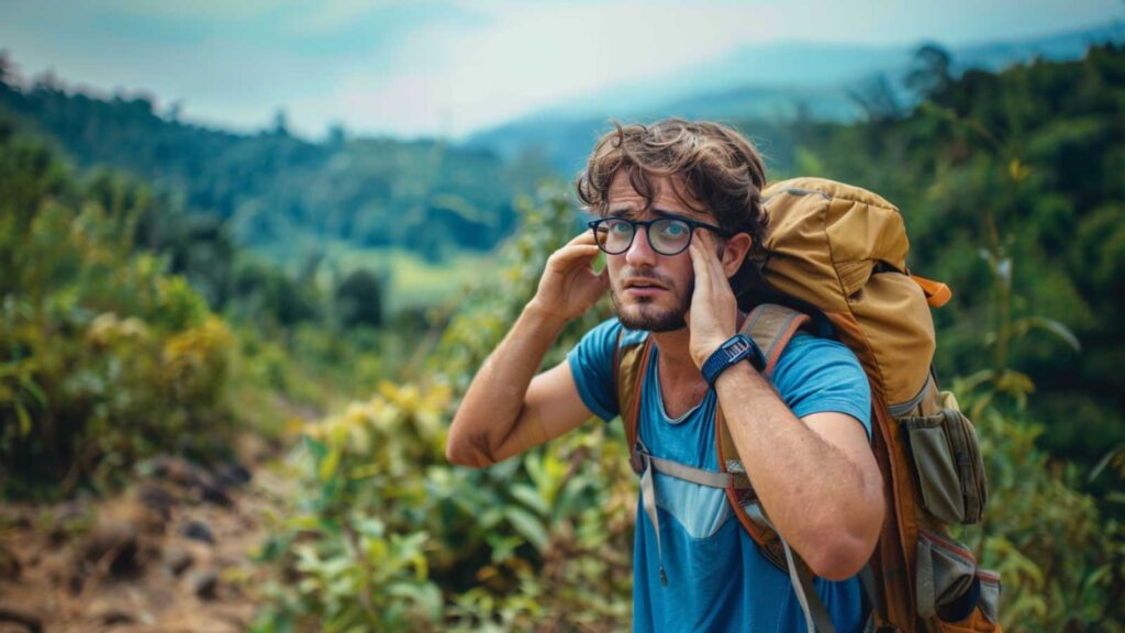 a man struggling to keep his glasses on while he hikes a trail during his travels