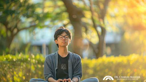 A boy wearing glasses, sitting cross-legged and meditating to manage LASIK anxiety