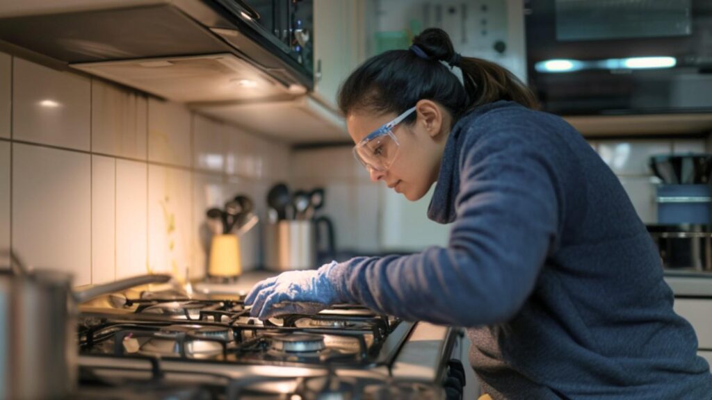 a woman wearing post-LASIK protective eye glasses cleaning the burners on a stove