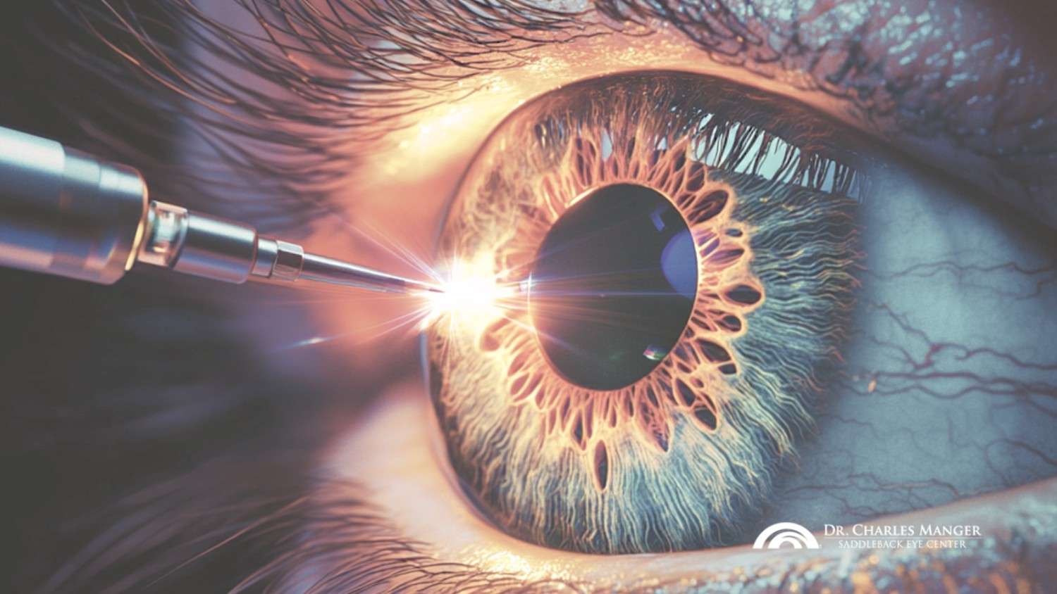 an image of an eye with a LASIK femtosecond laser pointed at the cornea