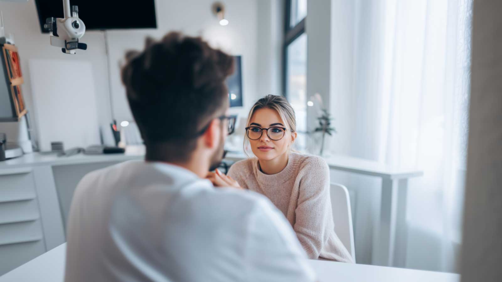 A woman wearing glasses speaking with her eye doctor about vision stability and LASIK.